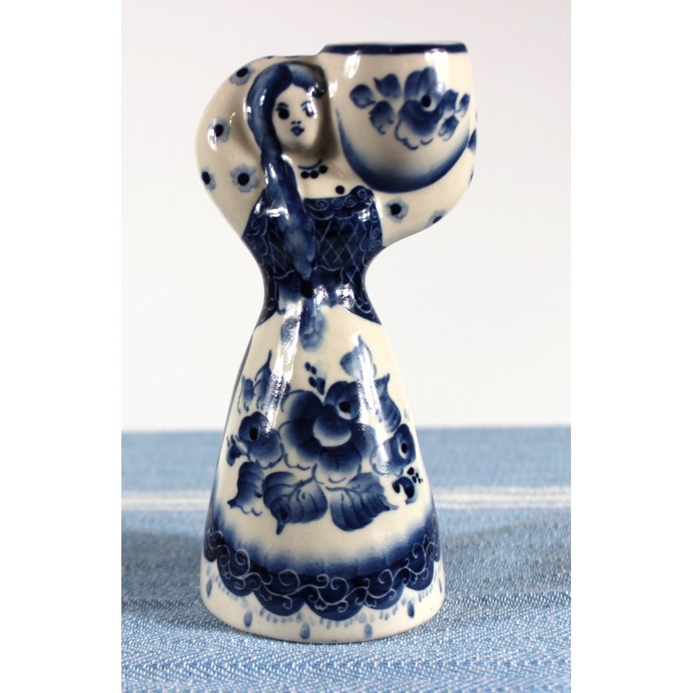 Gzhel Figure Porcelain Blue & white Woman Carrying lg jar Signed 5.5 in H